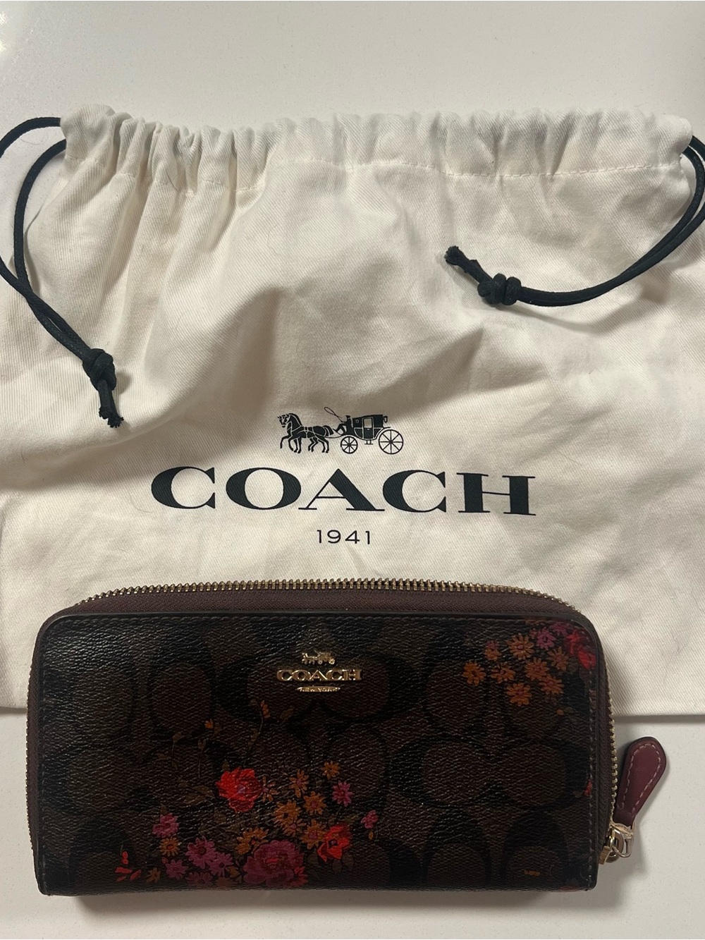 Coach Brown Signature Floral Zip Wallet with Pink & Red Accents